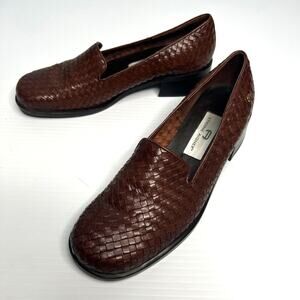 Etienne Aigner Lyric Loafers Size 7 Brown Leather Basketweave Slip On Block Heel